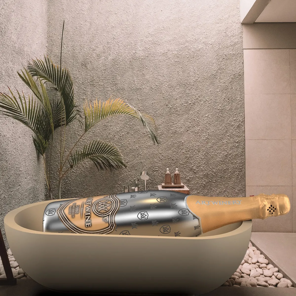 Artwine bottle resting in a sculpted bathtub under palm leaves