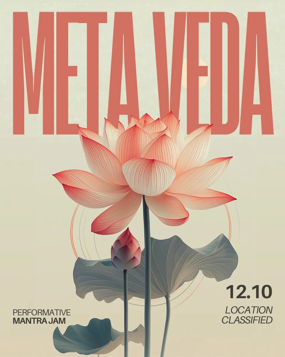 META VEDA poster with a lotus in coral tones