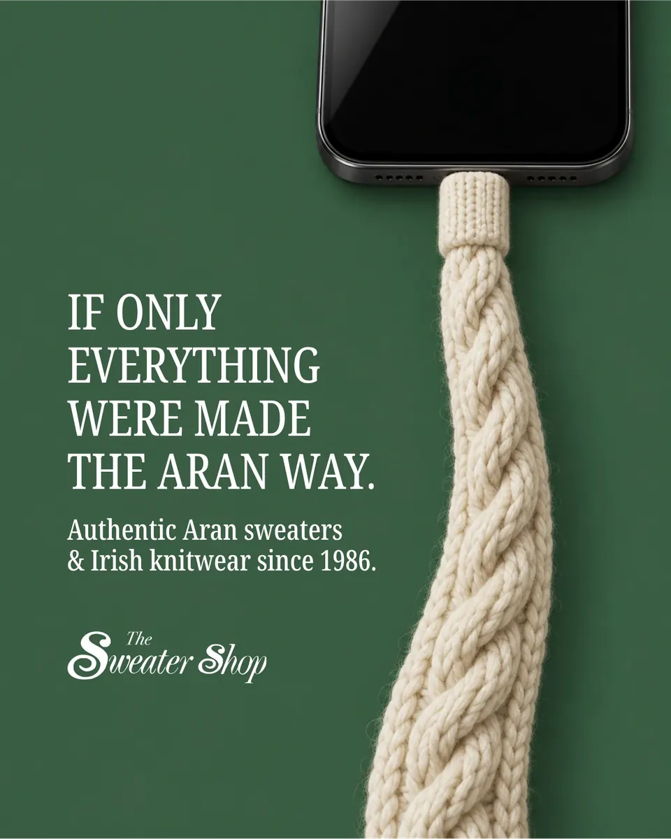 The Sweater Shop ad: a phone charging cable knitted from oversized Aran wool