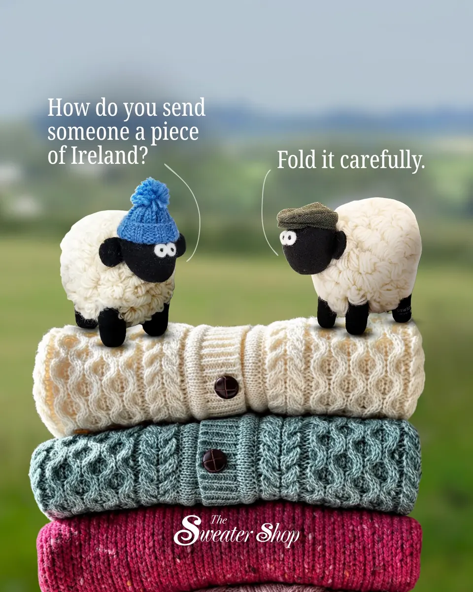 The Sweater Shop ad: two wool sheep talking on a stack of folded Aran sweaters